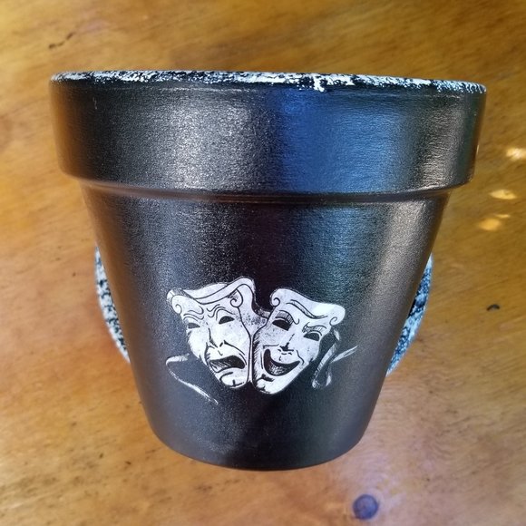 Hand Painted Black and White Speckled Trim 6" Flower Pot with Matching Saucer - Picture 5 of 10